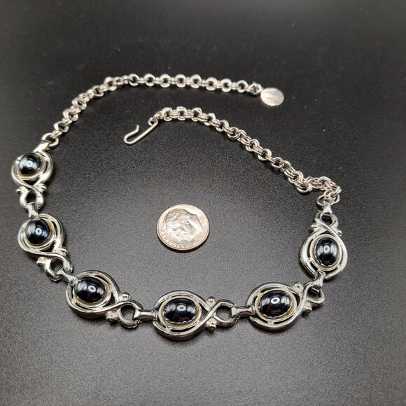 Vintage 1960s Faux Hematite Cabochon Necklace, 15 1/2", Silver Tone - Picture 7 of 10